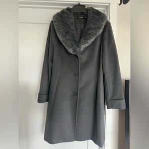 Lauren Ralph Lauren Dark Grey Wool Walker Coat with faux fur trim